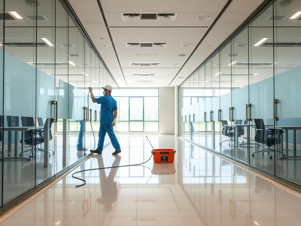 Worker detailing an interior glass partition in a finished commercial office corridor