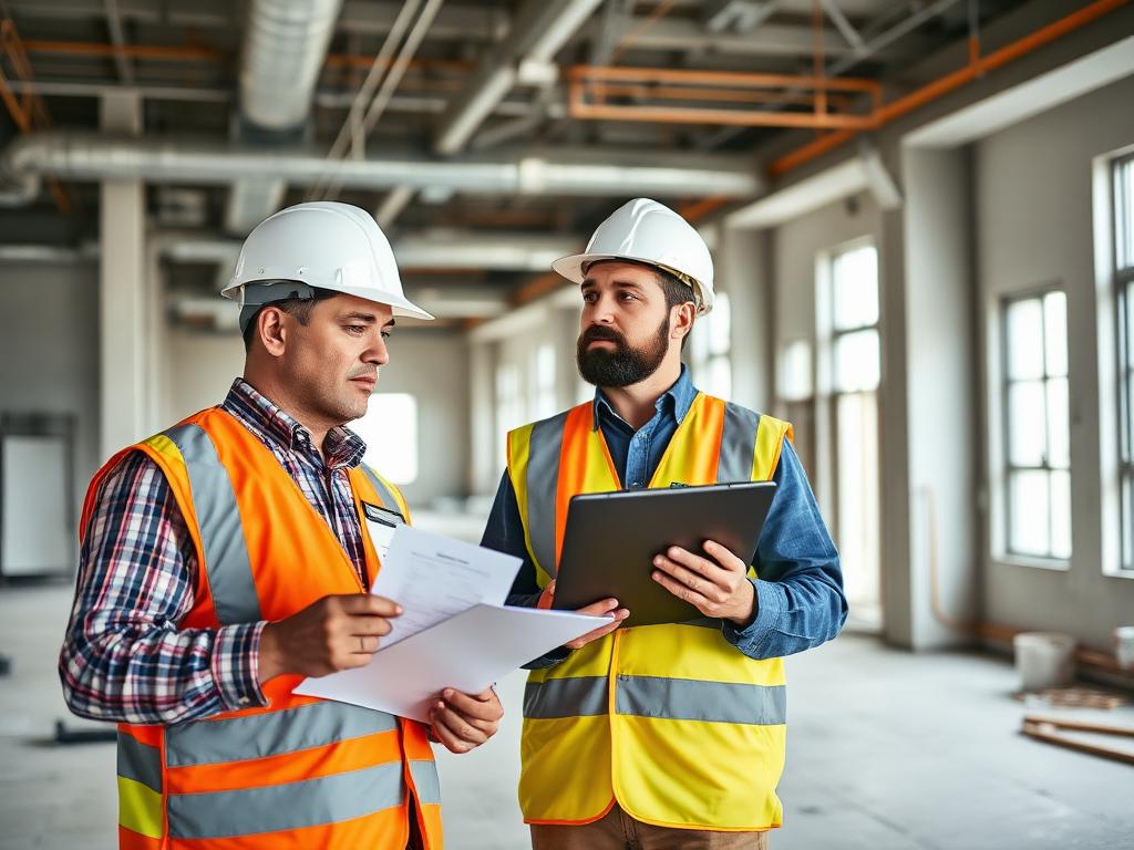 Site supervisor reviewing a punch list with a colleague in a commercial interior near completion