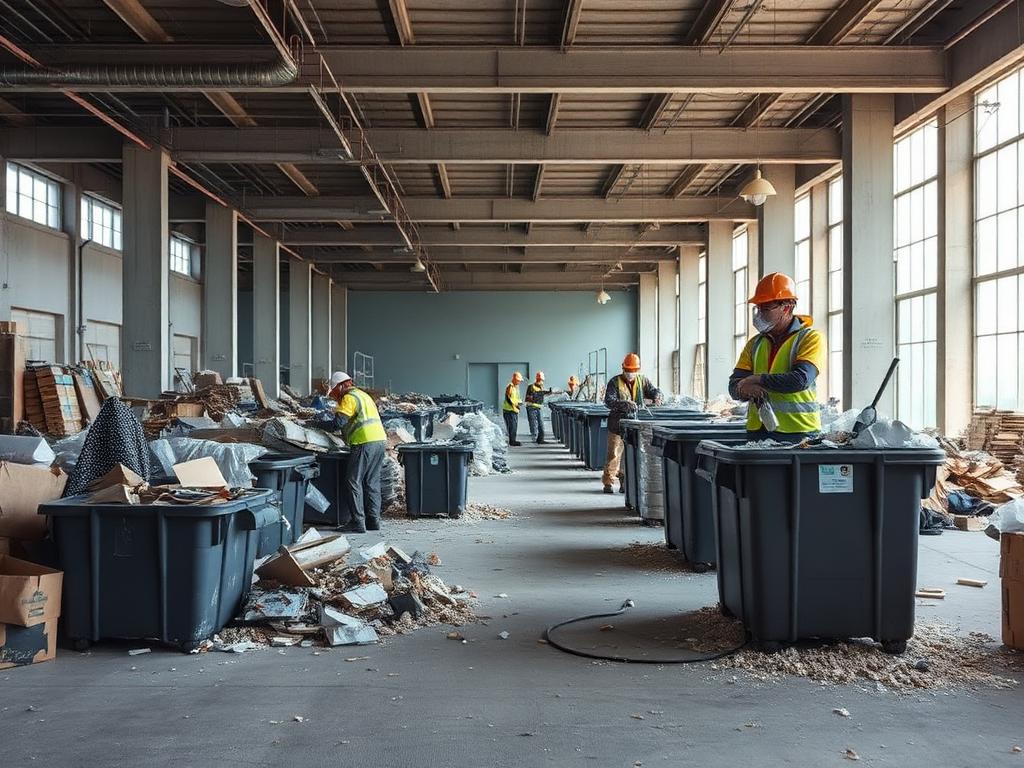 Workers in protective equipment collecting construction debris and packaging inside a large commercial space