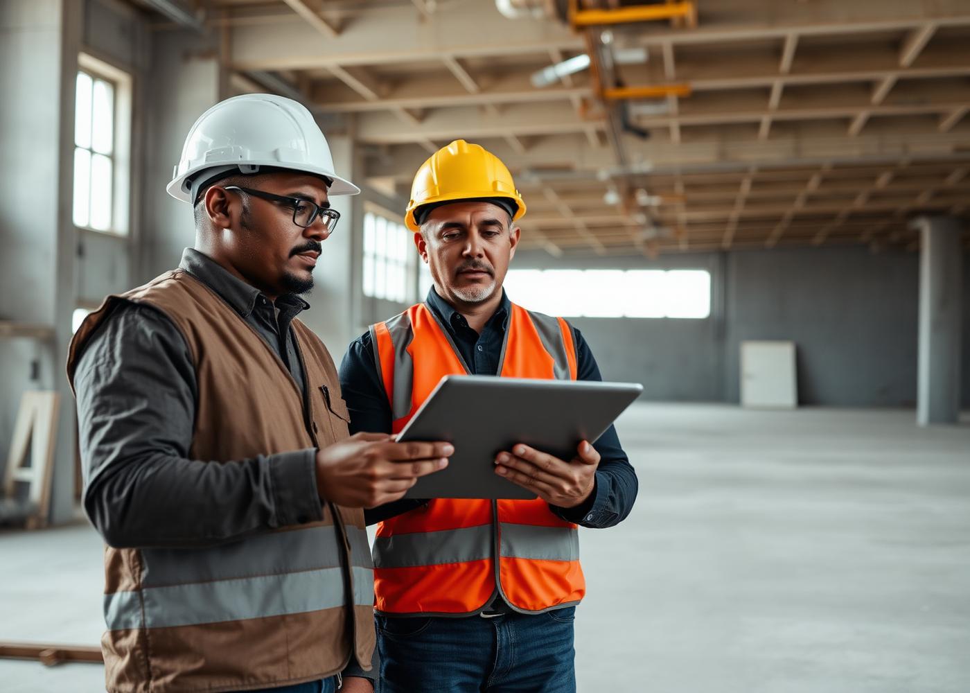 Two construction professionals in hard hats and safety vests reviewing project information on a tablet inside an unfinished commercial building