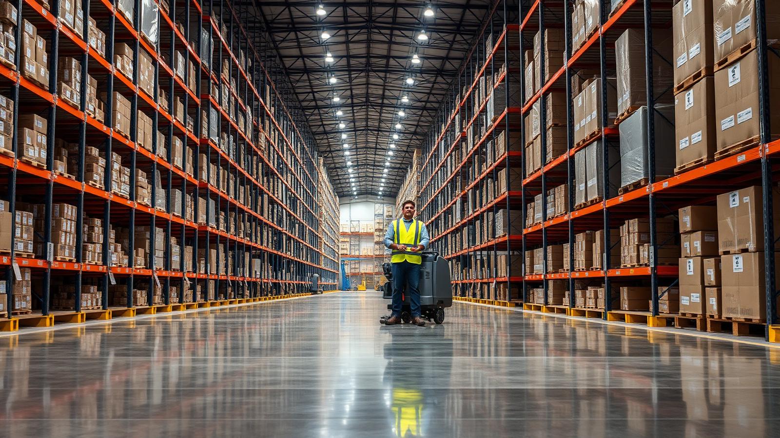 Large logistics warehouse interior with tall racking and a clean sealed concrete floor
